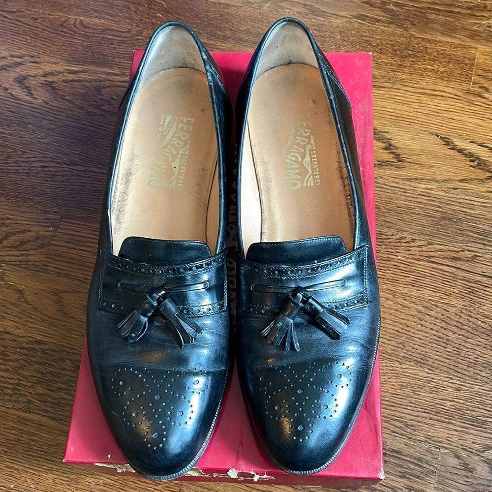 Vtg Salvatore Ferragamo “Caronte” black Oxford style slip on dress shoes